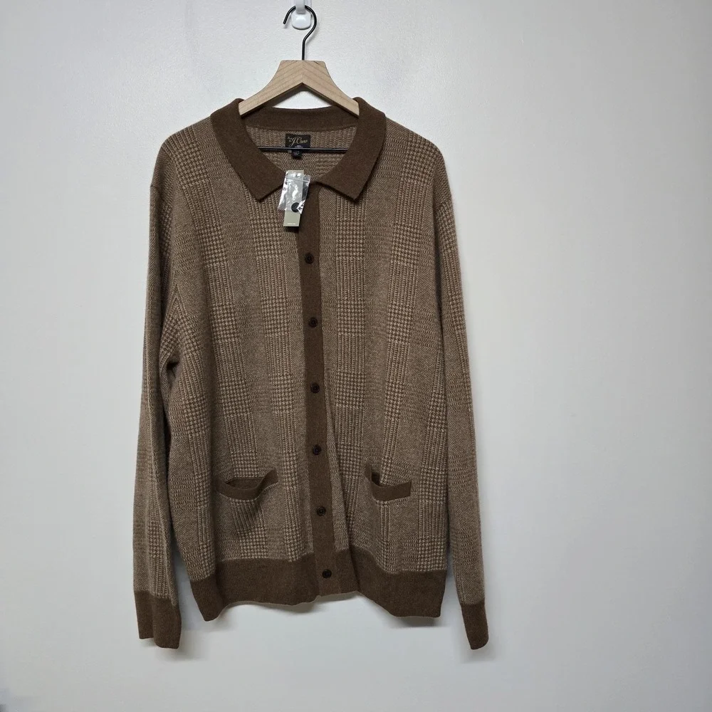 J. Crew Cashmere Cardigan Polo Button Up Sweater Brown Glen Plaid Sz XXL Dadcore